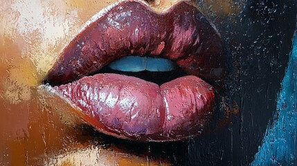 Obraz premium A vibrant close-up of glossy, textured lips in an oil painting, showcasing rich colors, bold brushstrokes, and artistic expression.