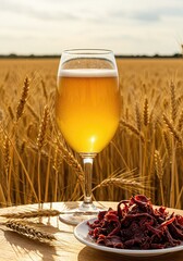 Photo of a tall beer mug next to a plate of beef jerky, in the middle of a barley field