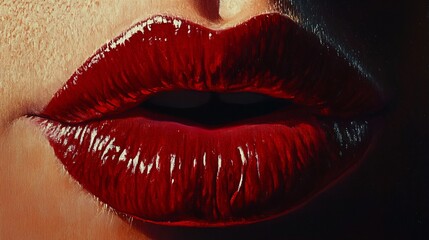 A striking close-up oil painting of glossy red lips, featuring rich texture, bold brushstrokes, and dramatic lighting for a sensual effect.