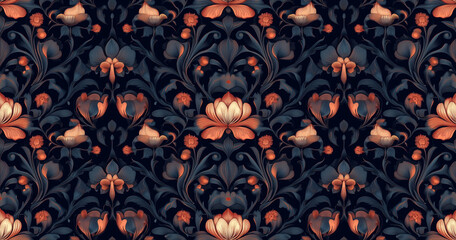 beautiful floral pattern with blue orange hues dark background, abstract concept.