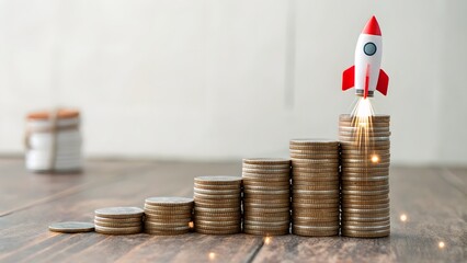 Growing investments concept with stacked coins and rocket launch, symbolizing financial growth and explosive returns
