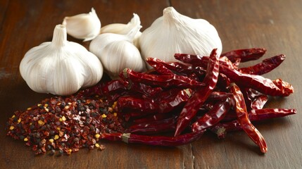A beautiful arrangement of dried chili peppers, garlic, and aromatic spices on a rustic wooden table, showcasing the rich colors and textures of these ingredients.