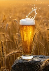 Photo of a golden beer glass placed on a rock in the middle of a barley field