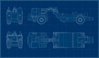 Scraper in four projections. Blueprint of a quarry tractor. Drawing of heavy equipment on a blue background.