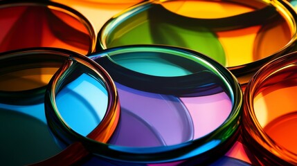 Colorful overlapping circles of glass with vibrant lighting effects