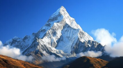Fototapeta premium Majestic snow-capped mountain peak against clear blue sky