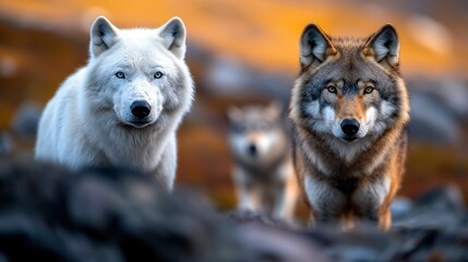 Obraz premium Two captivating wolves, one snowy white and the other a mix of colors, gaze intently into the wild, embodying the strength and beauty of wildlife in a tranquil natural setting.