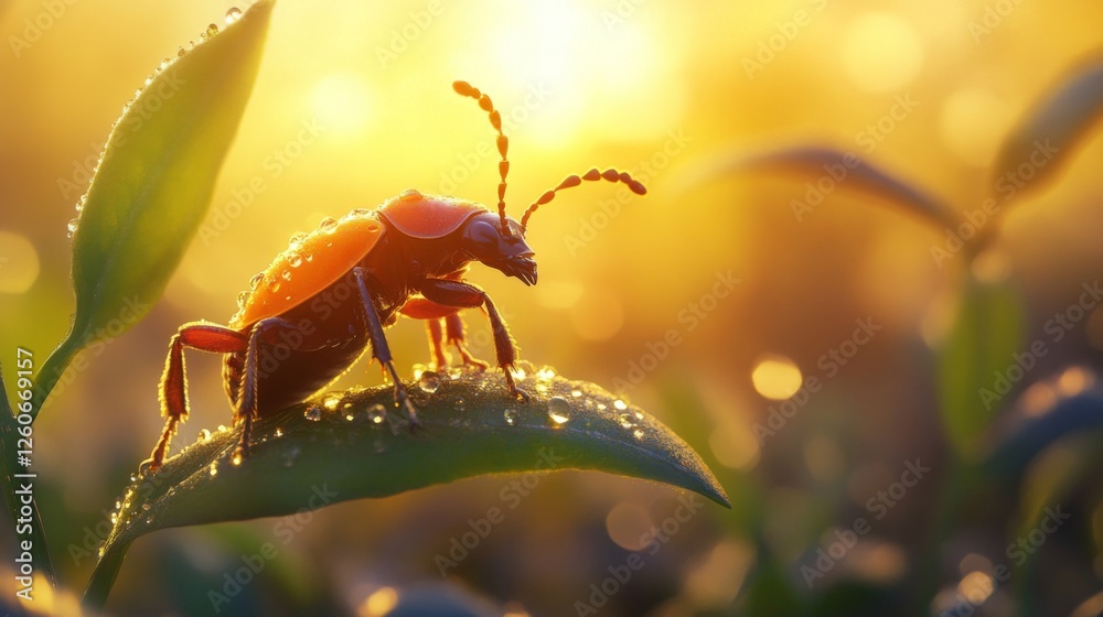 Poster a captivating image of a beetle climbing on a dewy leaf at dawn, with soft sunlight illuminating the