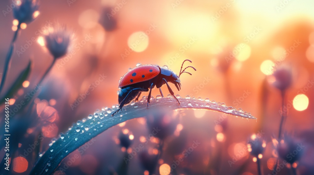 Poster a captivating image of a beetle climbing on a dewy leaf at dawn, with soft sunlight illuminating the