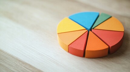 Obraz premium A close-up of a financial pie chart displaying customer demographics, with distinct colors for age groups and gender, arranged on a light wooden background for contrast.