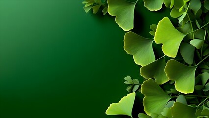 A collection of green leaves, including ginkgo and ferns, arranged on a dark green background. Concept Green Leaf Variety, Ginkgo & Ferns, Dark Green Aesthetic, Nature-Inspired Arrangement