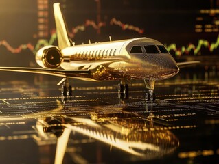 Luxury golden jet with stock market ticker reflections, highnetworth investment concept