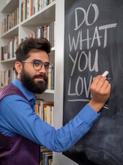 A person writes "DO WHAT YOU LOVE" in white chalk on a blackboard, surrounded by shelves filled with books.