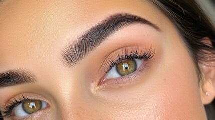 Fototapeta premium A close-up of beautifully shaped, thick eyebrows on a woman's face, highlighting the natural arch and clean lines, with soft lighting to enhance facial features.