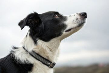 Fototapeta premium Profile View of a Black and White Dog Against a Soft Gray Sky Background