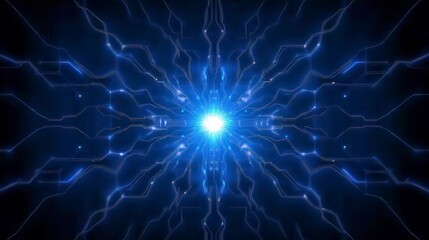 Abstract image featuring a bright central light source surrounded by radiating, stylized blue lines and patterns on a dark blue background. The lines