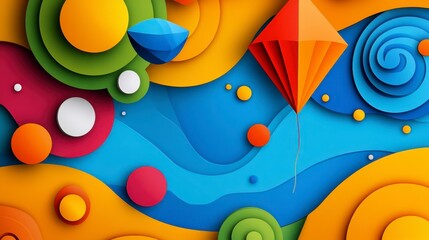 Colorful abstract design featuring layered shapes and colors, including vibrant circles, swirling patterns, and a textured paper aesthetic, with a