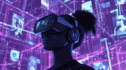 Female exploring virtual reality in futuristic digital space