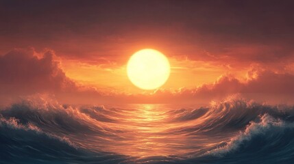 Fototapeta premium Dramatic sunset over turbulent ocean. Digital art. Possible stock photo use