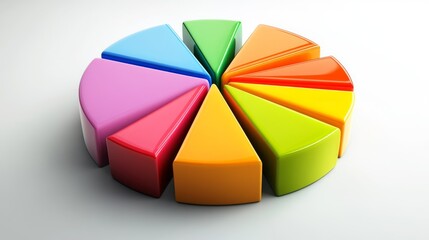 Obraz premium A colorful D pie chart with vibrant segments floating slightly above a white surface, each slice labeled clearly to represent different data categories.