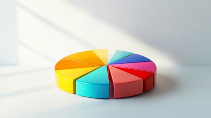 Obraz premium A colorful D pie chart with vibrant segments floating slightly above a white surface, each slice labeled clearly to represent different data categories.