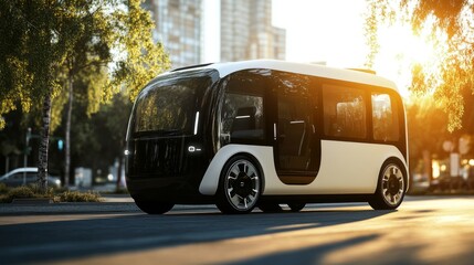 Futuristic autonomous electric shuttle on sunlit city street