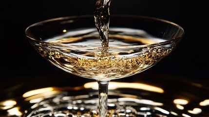 Close-up of sparkling champagne being poured into a crystal coupe glass, creating golden bubbles and reflections against a dark background.