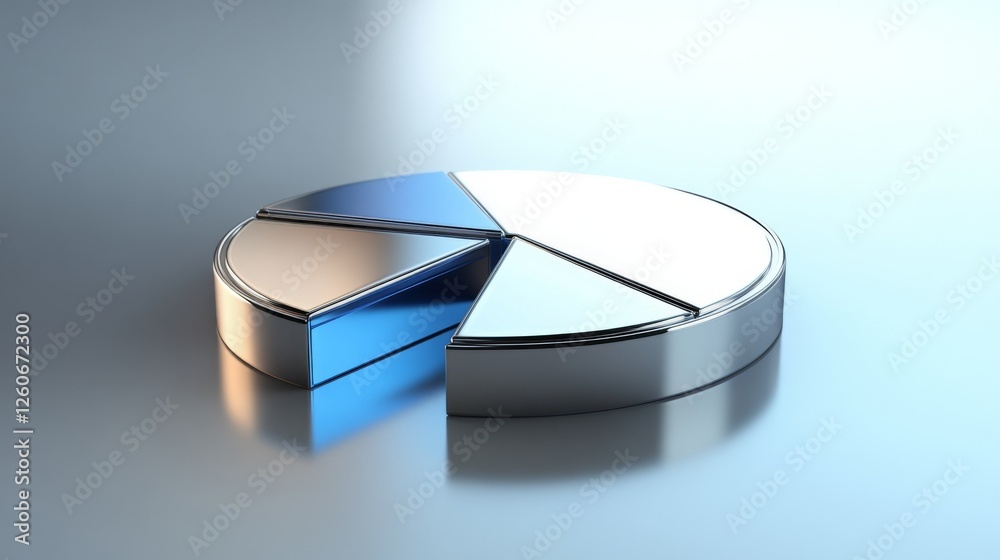 Poster a corporate d pie chart with glossy silver and blue segments, with one slice slightly pulled out to 