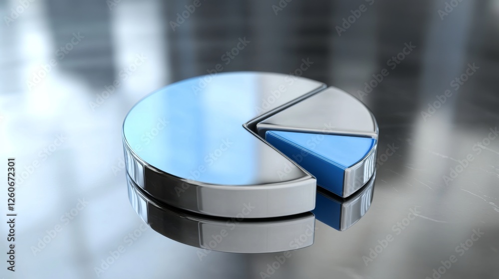 Poster a corporate d pie chart with glossy silver and blue segments, with one slice slightly pulled out to 