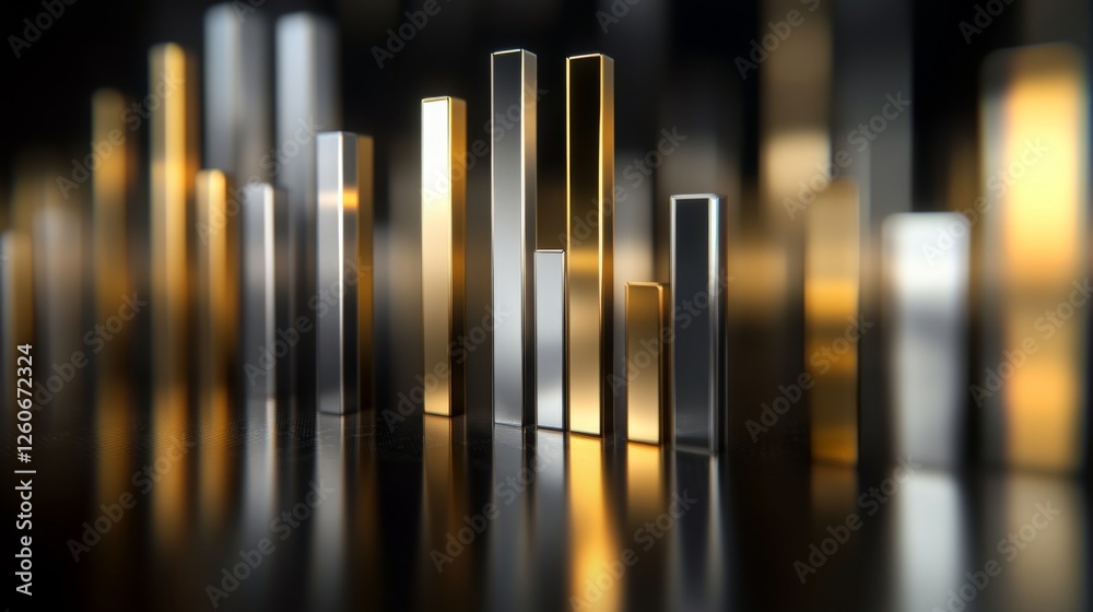 Poster a corporate bar graph with silver and gold bars, representing financial performance, set against a d