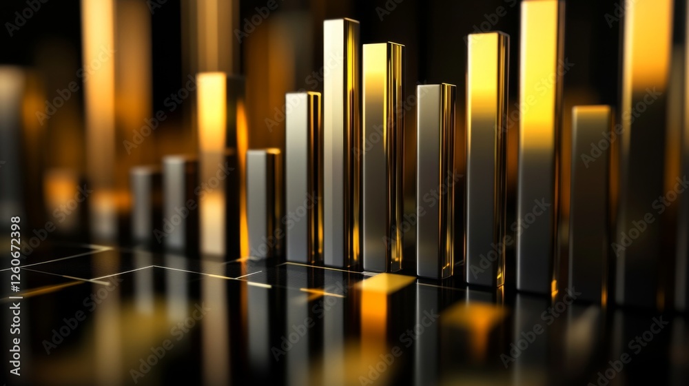 Poster a corporate bar graph with silver and gold bars, representing financial performance, set against a d