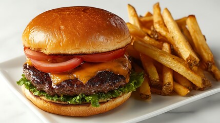 Cheeseburger with Fries on White Background, A juicy cheeseburger with melted cheese on a toasted bun