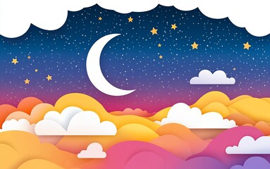 Dreamy Night Sky Papercut Style Illustration Colorful Moon Stars Clouds Landscape art pink
