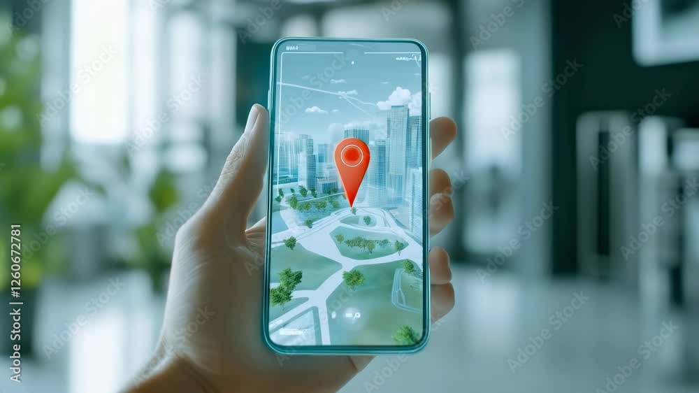 Poster Businessperson hand gripping smartphone screen displaying global positioning map with location marker, revealing modern office navigation technology in cinematic slow motion sequence