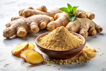 Fototapeta premium Fresh & Ground Ginger Root: High-Resolution Stock Photo of Isolated Spice