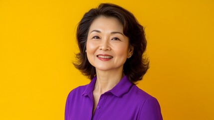 Fototapeta premium Asian mature female smiling against bright yellow background in purple shirt