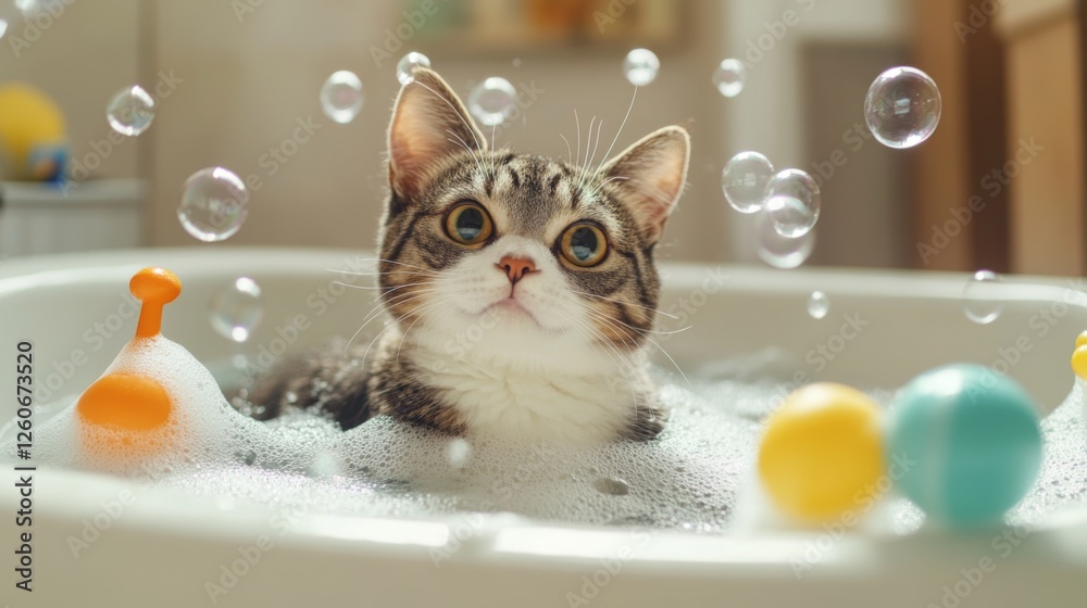 Poster a delightful image of a cat playing with bubbles in a bathtub, surrounded by floating toys, showcasi