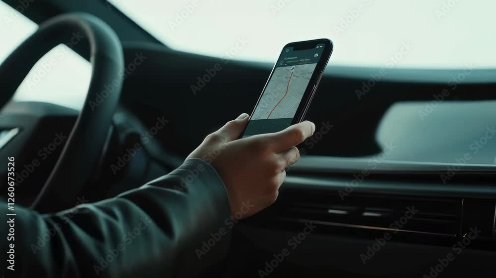 Poster woman navigating using smartphone while sitting inside modern vehicle dashboard, moving in slow moti