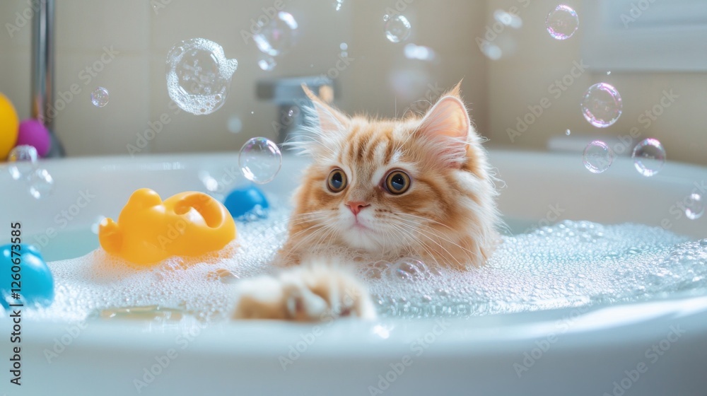 Poster a delightful image of a cat playing with bubbles in a bathtub, surrounded by floating toys, showcasi