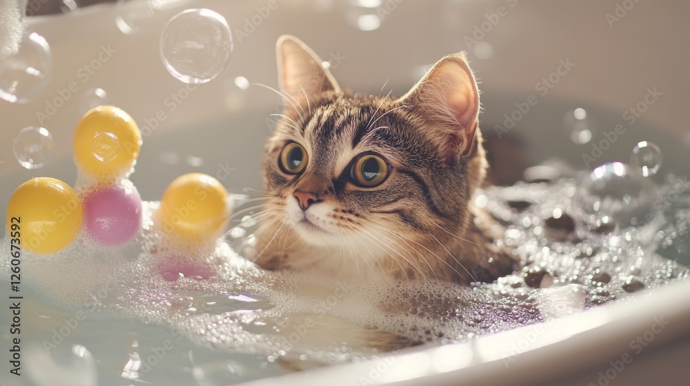 Poster a delightful image of a cat playing with bubbles in a bathtub, surrounded by floating toys, showcasi
