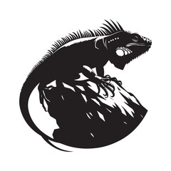 Iguana on a rock Silhouette Vector Illustration, Solid White Background.