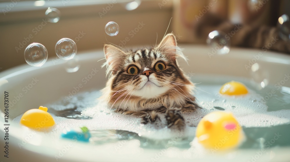 Poster a delightful image of a cat playing with bubbles in a bathtub, surrounded by floating toys, showcasi