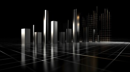 A dynamic D bar graph on a black background, with sleek metal bars, a glowing grid, and a futuristic feel, perfect for illustrating progress or trends.