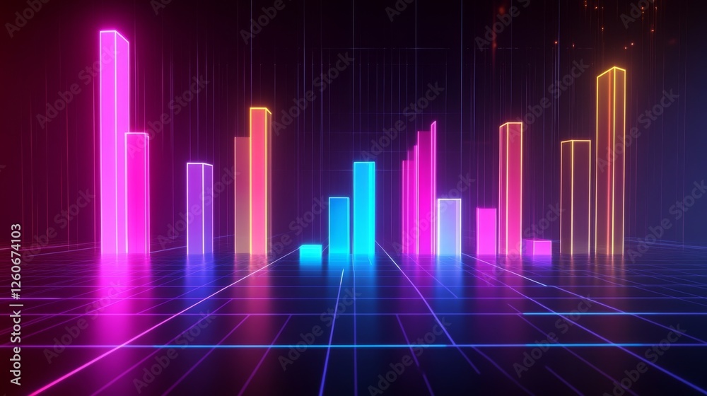 Poster a dynamic d bar graph with glowing neon bars, showing data comparison in a high-tech setting with gr