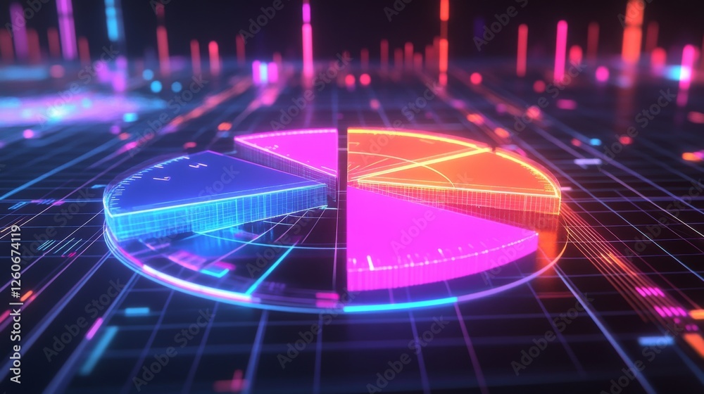 Poster a dynamic d pie chart with glowing neon-colored slices, separated to emphasize individual data point