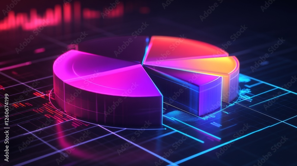 Poster a dynamic d pie chart with glowing neon-colored slices, separated to emphasize individual data point