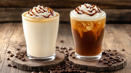 Iced Coffee and Caramel Cream Drinks - Two delicious iced coffee drinks topped with whipped cream and caramel drizzle, perfect for a refreshing treat