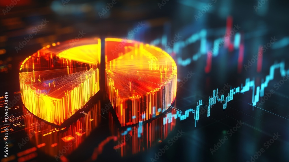 Fototapete A dynamic financial pie chart with bright, segmented slices showing business income allocation, overlaid on a blurred stock market graph for a high-tech feel.