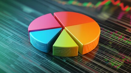 Fototapeta premium A dynamic financial pie chart with segmented slices, showing investment portfolio allocation, overlaid on a digital background filled with stock market trends.