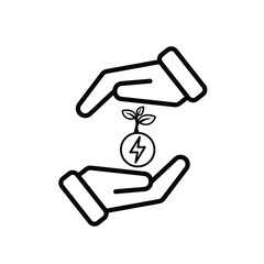 sustainable icon. green energy vector in hand. tree and lightning symbol. reuse, recycle, net zero, green energy, eco friendly concept. Line design style